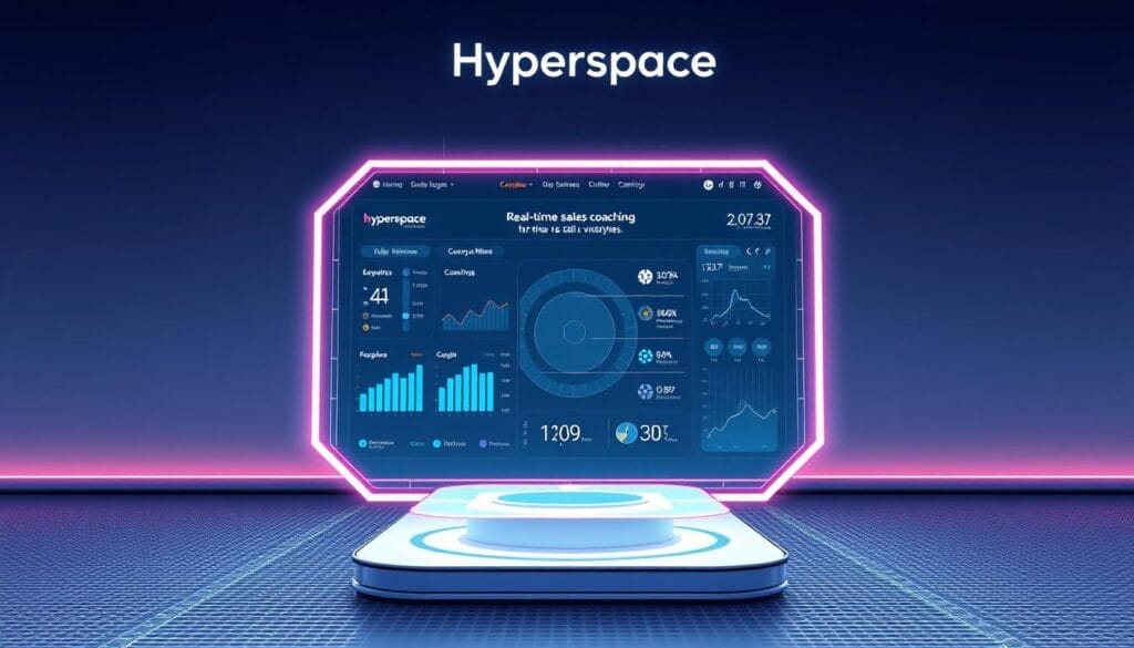 A sleek, futuristic desktop interface with a Hyperspace logo, displaying real-time call analysis data. In the foreground, a holographic sales coaching dashboard hovers, showcasing AI-driven insights and personalized recommendations. The middle ground features a 3D model of a sales call, with dynamic visualizations of customer sentiment and sales rep performance. The background has a minimalist, high-tech aesthetic with subtle grid patterns and soft neon accents, creating an immersive, cutting-edge atmosphere.