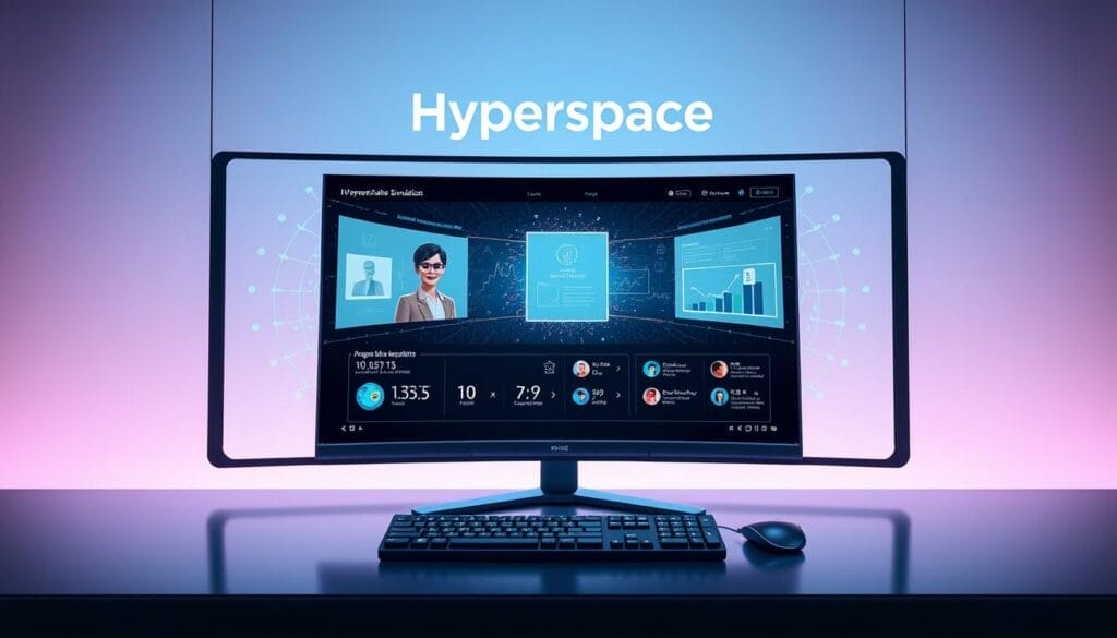 A sleek, futuristic desktop interface with a Hyperspace logo prominently displayed. In the center, an immersive AI-powered sales training simulation plays on a high-resolution monitor, showcasing lifelike avatars, dynamic data visualizations, and interactive tutorials. The background features a minimalist, tech-inspired design with subtle holographic elements, conveying a sense of cutting-edge innovation. The lighting is soft and diffused, creating a calm and focused atmosphere ideal for effective sales training.
