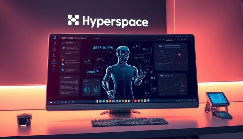 A sleek, futuristic desktop interface with a Hyperspace logo prominently displayed. In the center, a lifelike AI sales representative engages with a human client, their conversation highlighted by holographic displays. The scene is bathed in a warm, ambient lighting, creating a sense of professionalism and high-tech sophistication. The background features a minimalist, clean design with subtle references to sales data and analytics. The overall mood conveys the power of AI-driven sales training to elevate a company's performance.