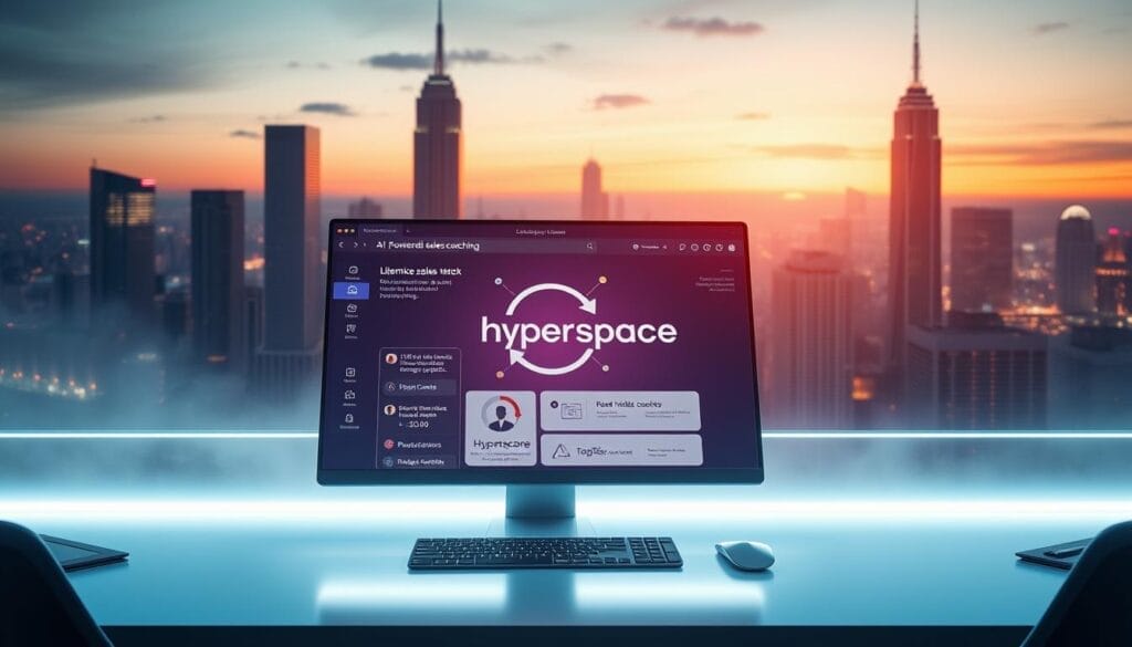 A sleek, futuristic desktop interface with a Hyperspace logo prominently displayed. On the screen, a dynamic AI-powered sales coaching platform, featuring lifelike virtual coaches, real-time data analytics, and personalized training modules. The workspace is bathed in a soft, ambient glow, creating a modern, sophisticated atmosphere. In the background, a minimalist cityscape with towering skyscrapers and a vibrant, neon-lit skyline, hinting at the power and innovation of this AI-driven sales coaching solution.