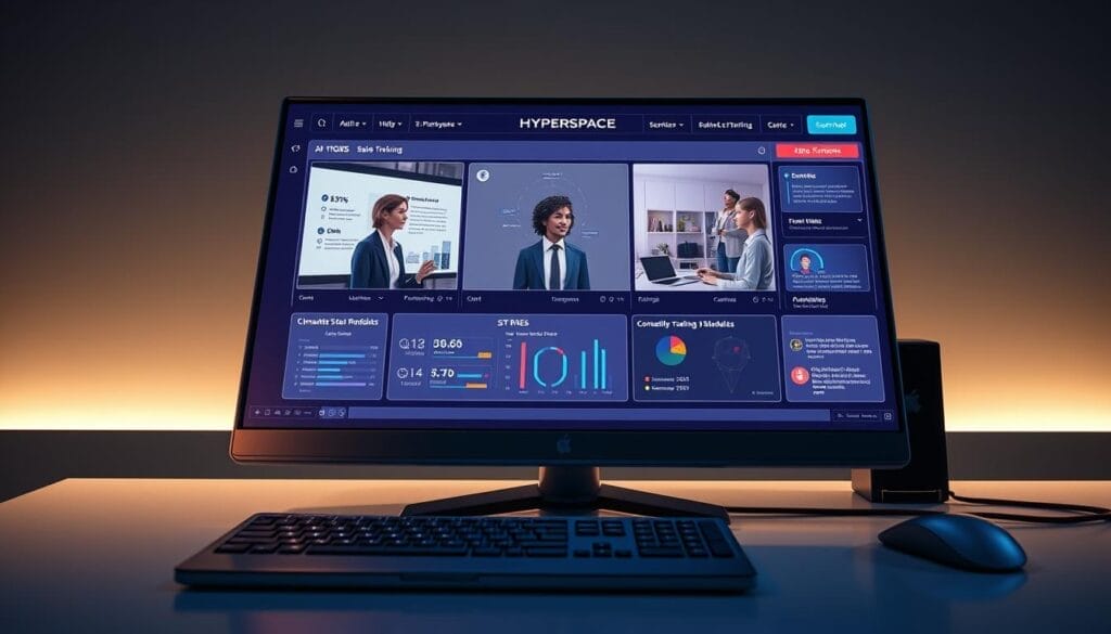 A sleek, futuristic desktop interface with a Hyperspace logo prominently displayed. On the screen, an immersive AI-powered sales training simulation unfolds, showcasing lifelike avatars engaged in dynamic sales role-play scenarios. The interface features intuitive controls, data visualizations, and personalized training modules tailored to individual sales reps' needs. The lighting is soft and ambient, creating a focused, professional atmosphere. The camera angle captures the setup from a slightly elevated perspective, emphasizing the seamless integration of AI technology into the sales training workflow.