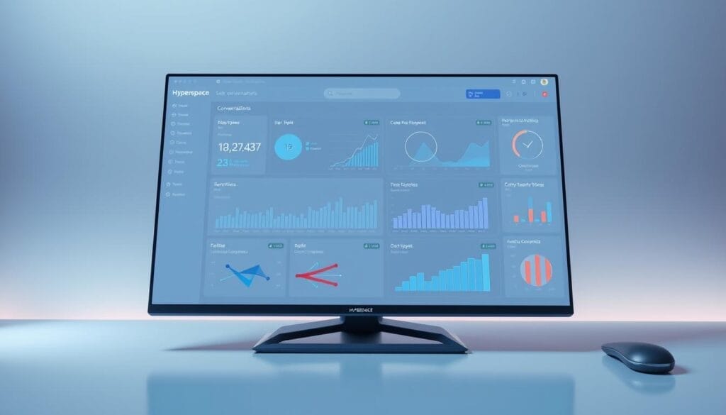 A sleek, futuristic desktop interface with a Hyperspace logo, showcasing a sales conversations analysis dashboard. The screen displays insightful graphs, charts, and data visualizations, providing a comprehensive overview of customer interactions and sales trends. The interface features a clean, minimalist design with a subtle, cool-toned color palette, creating a professional and sophisticated atmosphere. Soft, directional lighting casts a gentle glow across the scene, highlighting the dynamic data displays. The overall impression is one of advanced, AI-powered sales optimization tools, empowering sales teams to make data-driven decisions.