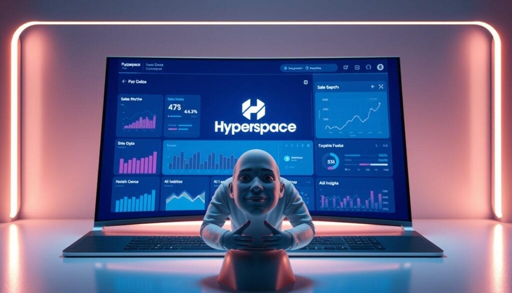 A sleek, futuristic desktop interface with a central display showcasing the Hyperspace brand logo. In the foreground, a lifelike, well-lit 3D model of a virtual sales coach offers personalized guidance, their expression warm and encouraging. The middle ground features data visualizations, sales metrics, and AI-driven insights, all presented in a clean, intuitive layout. The background evokes a minimalist, high-tech environment with subtle lighting accents, hinting at the power of AI-driven sales coaching fundamentals.