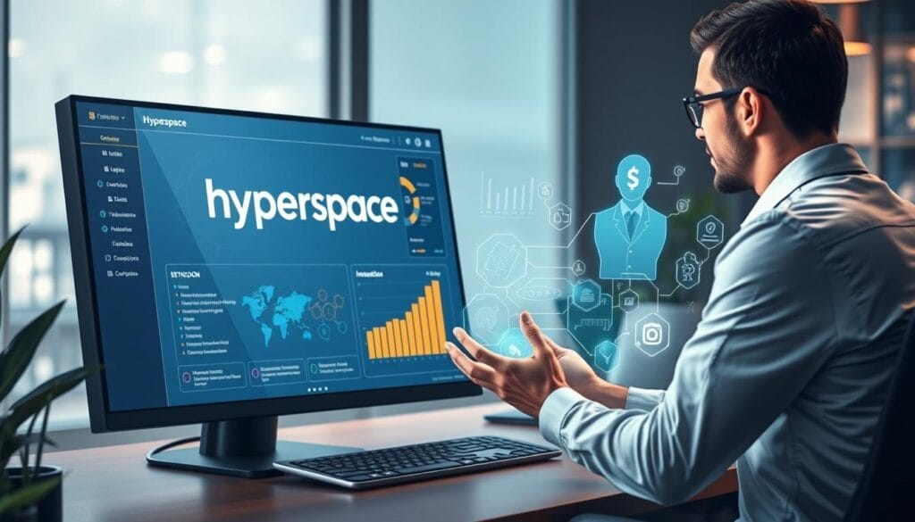 A sleek, futuristic desktop interface with a large, high-resolution display showcasing an AI-powered sales coaching platform. The screen features a stylized "Hyperspace" logo, elegant data visualizations, and intuitive controls. The scene is bathed in a soft, warm lighting that creates a professional, yet inviting atmosphere. In the foreground, a sophisticated, holographic sales coach offers personalized guidance and insights to a sales representative, who is engaged and attentive. The background blurs gently, highlighting the focus on the interactive coaching session.