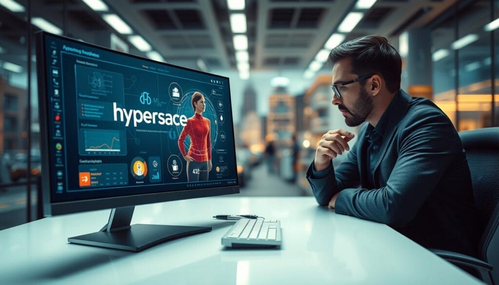 A sleek, futuristic desktop interface with the Hyperspace brand logo prominently displayed. In the foreground, a salesperson reviews AI-generated coaching insights on a large, high-resolution monitor. The middle ground features a 3D model of a customer, with real-time data and analysis overlays. The background depicts a blurred cityscape, conveying a sense of a modern, tech-driven sales environment. Bright, cool-toned lighting and a clean, minimalist aesthetic create a professional, cutting-edge atmosphere.