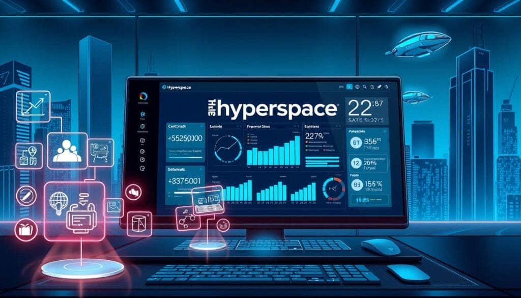 A sleek, futuristic desktop interface with the Hyperspace brand logo prominently displayed. In the foreground, an array of automated sales tasks are represented by holographic projections, including lead tracking, customer data analysis, and personalized email generation. The middle ground features a large touchscreen display showcasing real-time sales metrics and performance insights. The background is a stylized cityscape, with skyscrapers and hovering transport pods, conveying a sense of technological advancement. The lighting is cool and sophisticated, with a blue-tinted glow emanating from the various digital elements. The overall scene exudes a sense of efficiency, productivity, and the power of AI-driven sales automation.