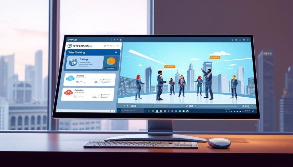 A sleek, futuristic desktop interface with the Hyperspace brand logo prominently displayed. On the screen, an AI-powered sales training program with customizable modules, interactive lessons, and performance analytics. The foreground showcases a well-designed user interface, with clean lines, vibrant colors, and intuitive controls. The middle ground features 3D models of sales representatives, each with unique avatars, engaged in interactive training sessions. The background depicts a stylized cityscape, hinting at the versatility of the AI-powered system to adapt to different industries and locations. The overall mood is one of advanced technology, productivity, and personalized learning for sales professionals. Prompt