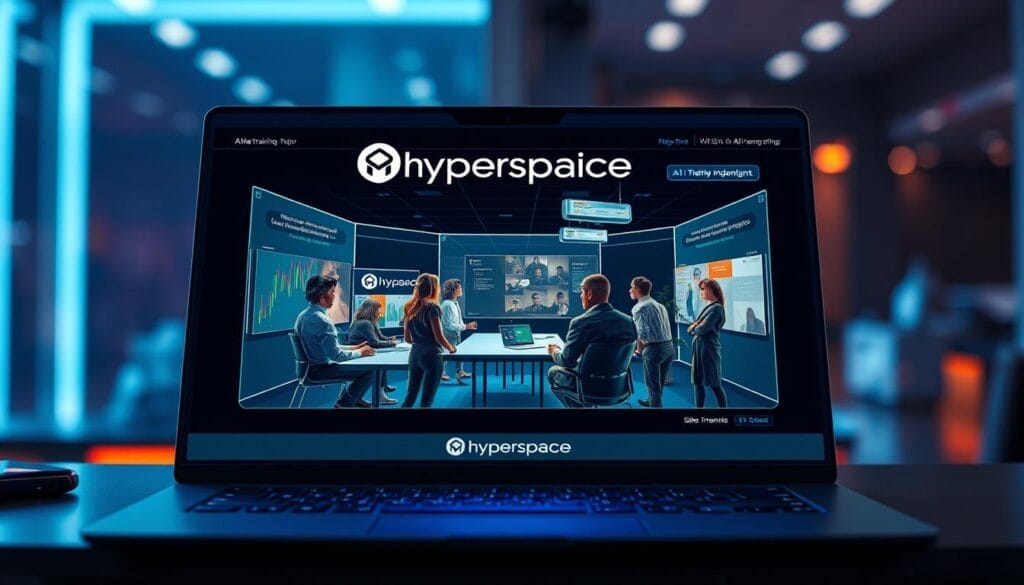 A sleek, futuristic desktop interface with the "Hyperspace" brand prominently displayed. In the center, an immersive AI-powered sales training simulation unfolds, featuring a diverse team of sales professionals engaged in dynamic role-playing scenarios. The scene is bathed in a cool, neon-tinged lighting, creating a sense of technological sophistication. The background blurs gently, drawing the viewer's focus to the engaging, customized training experience unfolding on the screen. The overall atmosphere conveys the power of AI to tailor sales enablement to the unique needs of different industries.