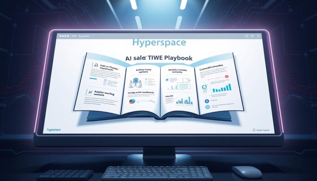 A sleek, futuristic desktop interface with the Hyperspace brand prominently displayed. In the center, an interactive AI sales playbook implementation guide unfolds, showcasing step-by-step processes, analytics dashboards, and customizable templates. The screen is bathed in a soft, ambient glow, creating a professional and sophisticated atmosphere. The overall scene conveys a sense of efficiency, productivity, and the power of AI-driven sales strategies.