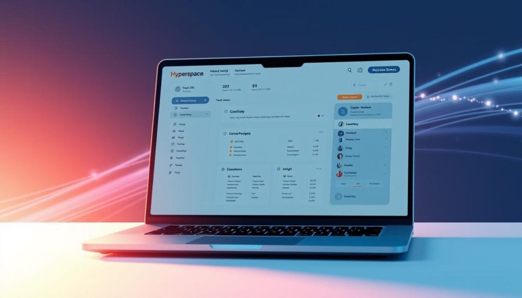 A sleek, futuristic desktop or laptop computer screen displays an AI-powered cold email training interface from the brand "Hyperspace". The interface features clean, minimalist design with elegant typography, intuitive controls, and a dashboard-like layout. The screen is bathed in a soft, warm lighting that creates a professional, yet inviting atmosphere. In the background, a subtle, holographic-like grid pattern adds a touch of technological sophistication. The overall scene conveys the power and effectiveness of AI-driven cold email training for modern, forward-thinking sales teams.