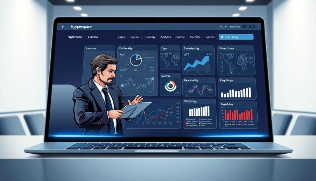 A sleek, futuristic desktop or laptop display showcases the "Hyperspace" AI sales coaching platform. In the foreground, a knowledgeable sales mentor guides a young professional through interactive lessons, their expressions animated and engaged. The middle ground features detailed data visualizations, insightful analytics, and personalized coaching recommendations. The background evokes a minimalist, high-tech office setting with clean lines, subtle lighting, and a subtle Hyperspace logo. The overall mood is one of productivity, innovation, and empowerment, reflecting the benefits of AI-driven sales coaching.