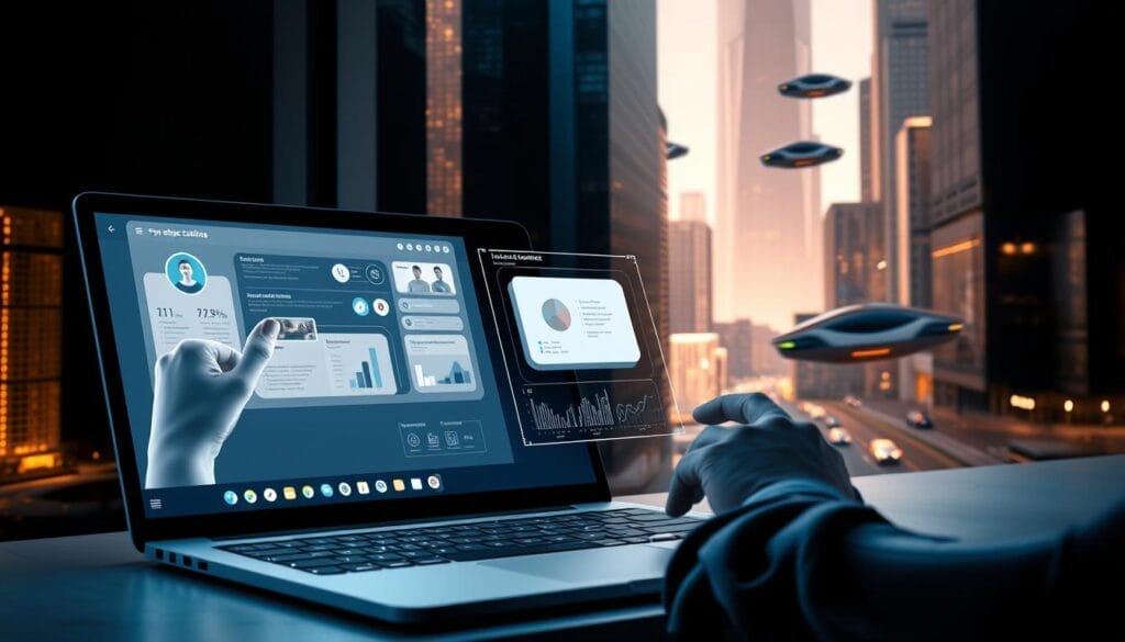 A sleek, futuristic desktop or laptop display showcases the "Hyperspace" AI sales coaching platform. In the foreground, a user interacts with a holographic interface, manipulating data visualizations and customer profiles. The middle ground features a clean, minimalist UI with on-screen prompts guiding the coaching process. In the background, a cityscape of gleaming skyscrapers and hovering autonomous vehicles sets a sophisticated, high-tech atmosphere. Soft, directional lighting casts dramatic shadows, creating depth and a sense of depth. The overall mood is one of cutting-edge technology empowering sales professionals to optimize their strategies and connect with clients more effectively.