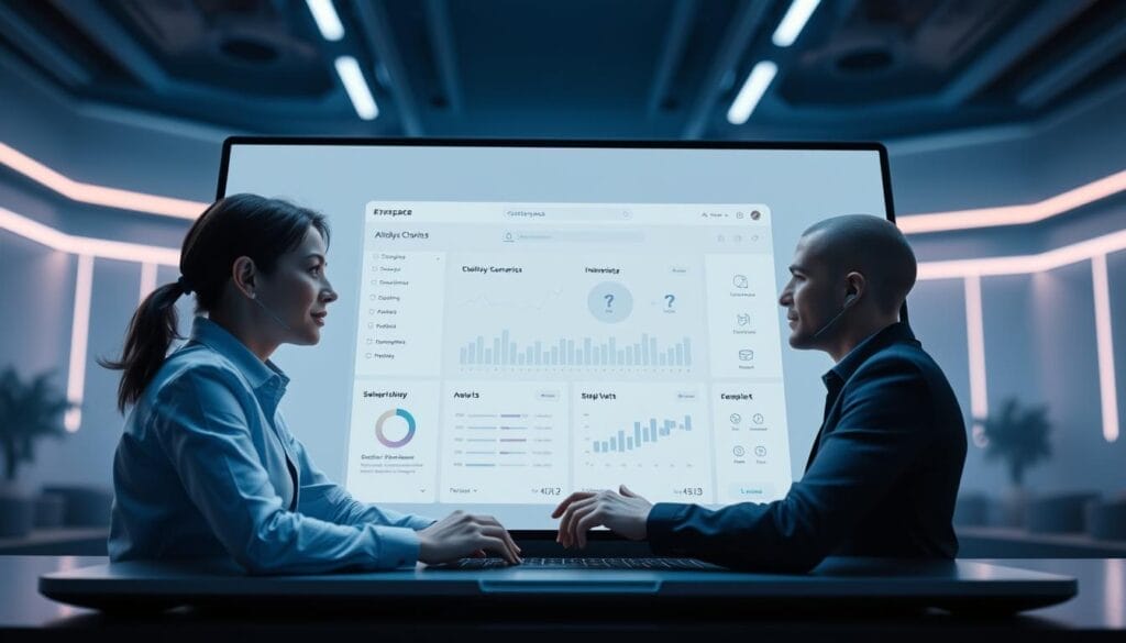 A sleek, futuristic desktop or laptop display showcasing AI-powered sales roleplay scenarios within the Hyperspace platform. In the foreground, lifelike digital avatars engage in a natural conversation, their expressions and body language conveying the dynamics of a sales interaction. The middle ground features a clean, minimalist interface with intuitive controls and analytics, allowing users to customize and monitor the simulated scenarios. The background subtly suggests a sophisticated, high-tech environment, with subtle neon-like accents and a sense of technological sophistication. Lighting is soft and directional, creating depth and emphasizing the digital elements. The overall scene conveys the power of AI-driven sales training, immersing the viewer in the future of professional development.