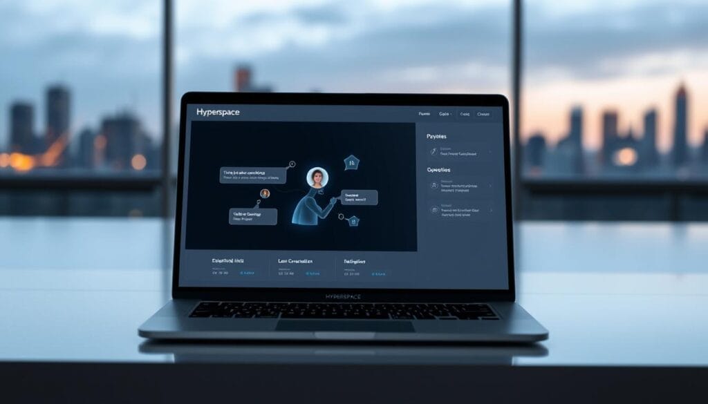 A sleek, futuristic desktop or laptop display showcasing an AI-powered sales coaching platform by Hyperspace. The interface features a crisp, minimalist design with clean lines and a muted color palette. In the foreground, an animated visual representation of a sales conversation is displayed, with dynamic shapes and glowing elements symbolizing the AI's role in enhancing the interaction. The background features a subtle, out-of-focus cityscape, hinting at the broader business context. The overall mood is one of technological sophistication, efficiency, and the seamless integration of human and artificial intelligence.
