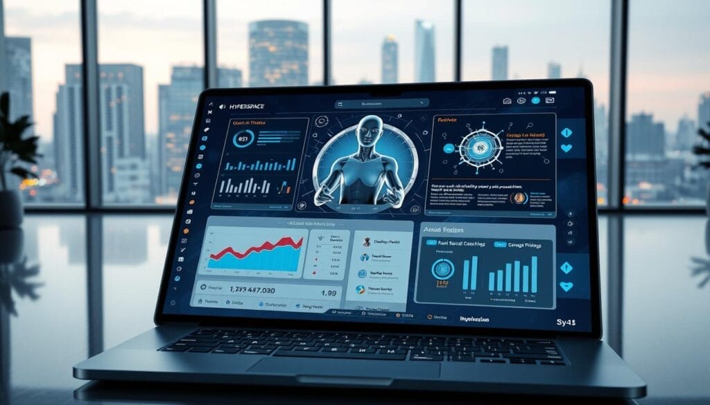 A sleek, futuristic desktop or laptop display showcasing an interactive AI-powered sales training platform called "Hyperspace". In the foreground, a dynamic data visualization illustrates key sales performance metrics, with smooth transitions and intuitive controls. The middle ground features a 3D model of a virtual sales assistant, its lifelike avatar providing real-time insights and coaching. The background depicts a sophisticated, minimalist office setting, with large windows overlooking a vibrant, technology-driven cityscape. Subtle yet impactful lighting and camera angles highlight the seamless integration of AI into the sales enablement workflow.