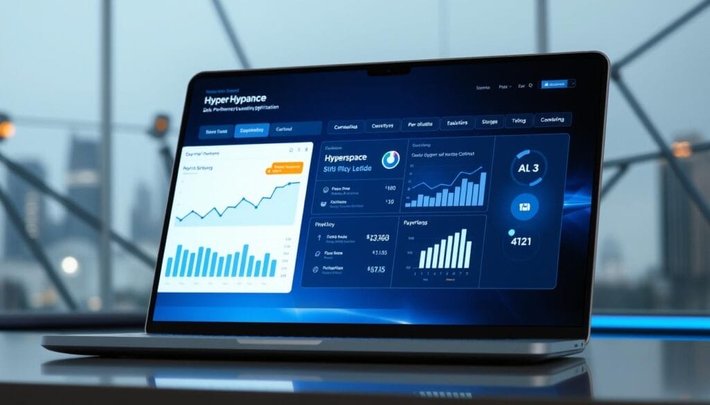 A sleek, futuristic desktop or laptop display showcasing the "Hyperspace" brand and a visually striking sales performance optimization dashboard. The foreground features a stylized graph, chart, or other data visualization tool, conveying insights and trends. The middle ground depicts a modern, minimalist user interface with clean typography and intuitive controls. In the background, a subtle, blurred cityscape or abstract geometric pattern creates a sense of depth and sophistication. The overall mood is one of efficiency, productivity, and technological advancement, reflecting the power of AI-driven sales coaching.
