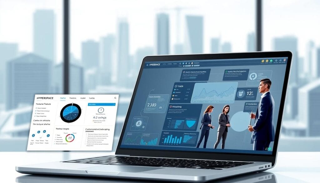 A sleek, futuristic desktop or laptop display showcasing the key features of Hyperspace, an AI-powered sales training software. In the foreground, a sophisticated interface with intuitive controls, customizable dashboards, and data visualization tools. In the middle ground, lifelike avatars of sales representatives engaged in interactive role-playing scenarios, with real-time feedback and performance analytics. In the background, a stylized cityscape or workspace, hinting at the software's enterprise-level capabilities and integration with broader business systems. The overall aesthetic is clean, modern, and evocative of cutting-edge technology, conveying the power and versatility of Hyperspace's AI-driven sales training solutions.