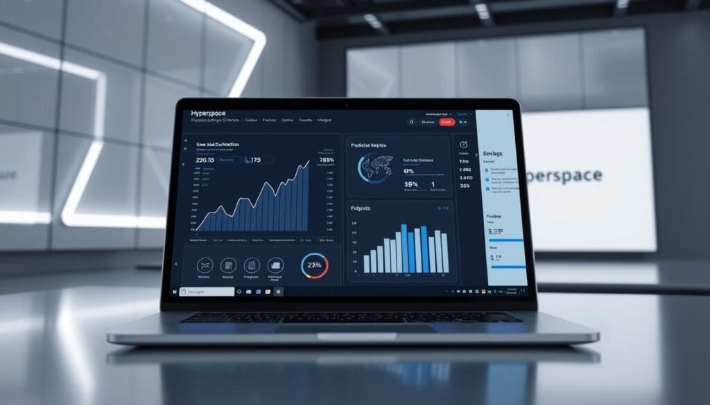 A sleek, futuristic desktop or laptop screen displaying a dynamic sales process optimization dashboard powered by Hyperspace AI. In the foreground, a sophisticated graph and data visualization show key sales metrics and KPIs. The middle ground features interactive UI elements, intuitive controls, and predictive analytics insights. The background showcases a clean, minimalist interface with the Hyperspace brand prominently displayed. Lighting is crisp and modern, with a sense of technological sophistication. The overall tone is one of efficiency, intelligence, and data-driven decision making.