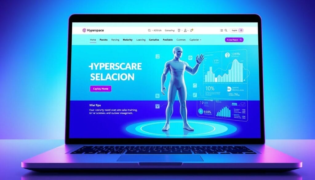 A sleek, futuristic desktop or laptop screen displaying a vibrant, holographic-like representation of the Hyperspace AI sales training platform. The interface features a clean, minimalist design with bold typography and intuitive controls. In the foreground, a 3D model of a virtual sales agent interacts with dynamic data visualizations, showcasing the AI's capabilities in sales forecasting, lead scoring, and customer relationship management. The background subtly blends hues of blue and purple, evoking a sense of technological sophistication and innovation. The overall scene conveys the power and potential of AI-driven sales training for modern businesses.