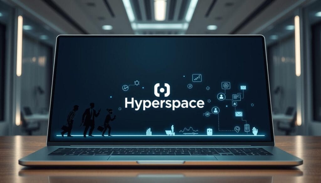 A sleek, futuristic desktop or laptop screen displaying the evolution of sales technology, from traditional methods to the cutting-edge "Hyperspace" AI sales assistant. In the foreground, a stylized timeline showcases the progression, with icons and silhouettes representing past, present, and future sales tools. The middle ground features a prominent "Hyperspace" logo, surrounded by floating data visualizations and holographic interfaces. The background depicts a minimalist, high-tech office environment, with subtle lighting and a sense of technological advancement. The overall mood is one of innovation, efficiency, and the seamless integration of AI into the sales process.