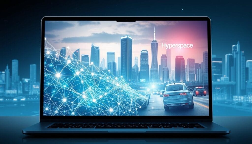 A sleek, futuristic desktop or laptop screen displays a captivating scene of AI's revolutionary impact. In the foreground, an intricate neural network diagram pulses with energy, its nodes and connections illuminating the screen with a soft, ethereal glow. In the middle ground, a team of data scientists and engineers collaborate seamlessly, their fingers dancing across holographic interfaces as they harness the power of machine learning to revolutionize sales training. In the background, a cityscape of gleaming skyscrapers and autonomous vehicles reflects the Hyperspace brand, symbolizing the rapid technological advancements transforming the industry. The overall mood is one of awe-inspiring innovation, progress, and the boundless potential of artificial intelligence.