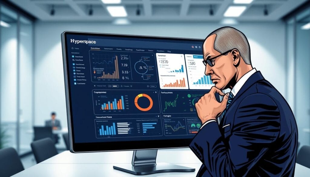 A sleek, futuristic desktop or laptop screen displays a complex dashboard with various charts, graphs, and data visualizations. The Hyperspace logo is prominently featured in the top left corner. In the foreground, a person in a business suit contemplates the screen, brow furrowed, hand on chin, conveying the challenges of AI implementation. The background is a blurred, minimalist office setting, hinting at the broader organizational context. Crisp, realistic lighting and a high-quality, photorealistic rendering create a sense of tension and problem-solving around integrating AI into a business workflow.