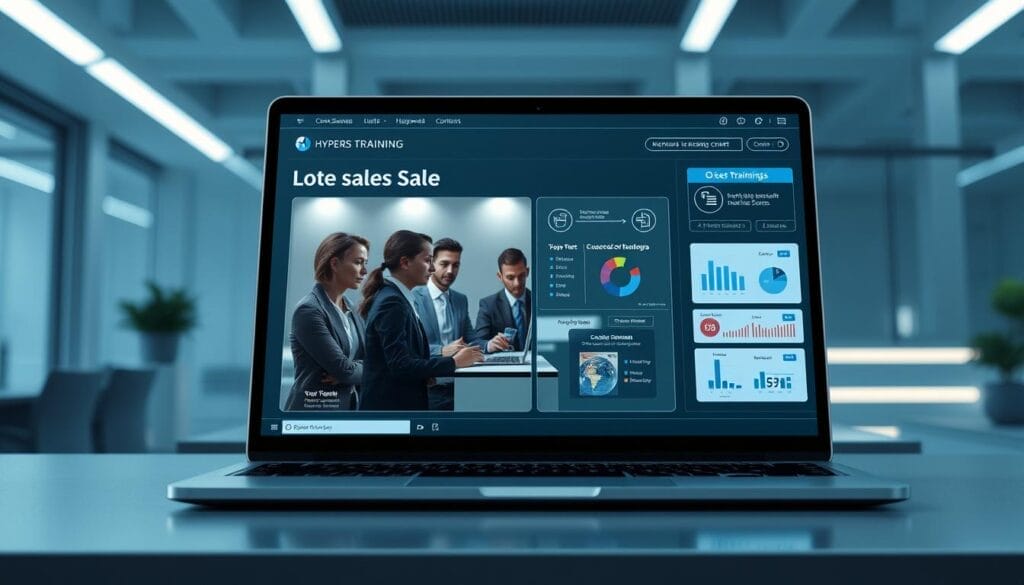 A sleek, futuristic desktop or laptop screen displays a sales training presentation for the Hyperspace brand. The foreground showcases a modern, minimalist interface with data visualizations, charts, and interactive modules. The middle ground features a team of sales professionals engaged in a collaborative session, their expressions focused and determined. The background subtly evokes a high-tech workspace, with clean lines, muted tones, and subtle lighting accents that create a professional, aspirational atmosphere. The overall composition conveys the challenges and opportunities of sales skill development in the digital age.