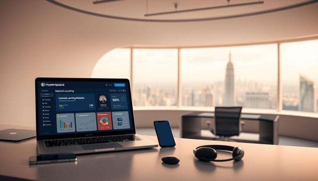 A sleek, futuristic desktop setup showcasing the Hyperspace adaptive coaching technology. In the foreground, a laptop screen displays an interactive dashboard with customizable learning modules and performance analytics. Surrounding it, a minimalist array of devices including a tablet, smartphone, and wireless headphones, all seamlessly integrated. The middle ground features a clean, well-lit workspace with a modern ergonomic chair and desk. In the background, a panoramic window overlooks a bustling cityscape, hinting at the technology's global reach. Soft, warm lighting and muted tones create a professional, yet inviting atmosphere, conveying the power of Hyperspace to elevate sales training in the modern era.