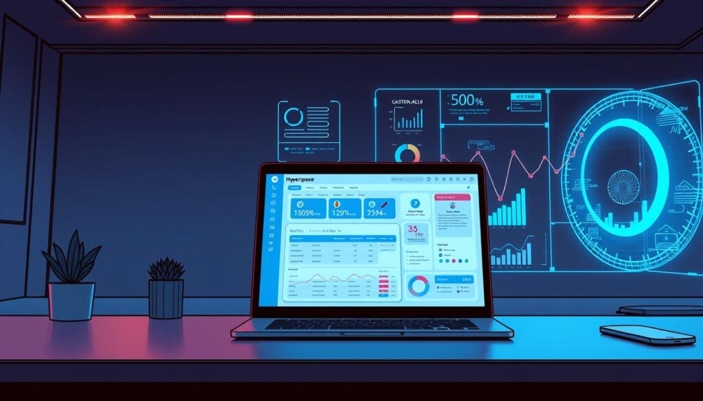 A sleek, futuristic desktop workspace showcasing the "Hyperspace" sales automation platform. In the foreground, a stylized laptop screen displays an intuitive dashboard with customizable workflows, lead management tools, and real-time analytics. The middle ground features a modern, minimalist design with clean lines and a muted color palette. In the background, a holographic display projects dynamic sales performance data, creating an immersive, high-tech atmosphere. Subtle lighting accents and a slightly low camera angle convey a sense of sophistication and technological advancement, reflecting the "Benefits of Automating Sales Training".