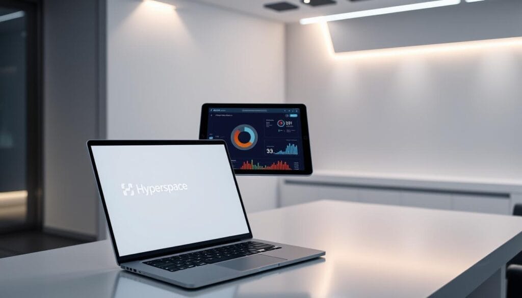 A sleek, futuristic desktop workspace showcasing the benefits of AI-driven sales coaching. In the foreground, a laptop displays the Hyperspace logo and an interactive sales coaching interface. On the screen, intuitive visualizations and real-time performance metrics guide a sales representative through personalized, data-driven coaching. In the middle ground, a tablet hovers, presenting insights and recommendations tailored to the user's unique sales style and customer interactions. The background features a minimalist, high-tech environment with clean lines, subtle lighting, and a sense of technological sophistication, conveying the power of Hyperspace's intelligent sales coaching solution.