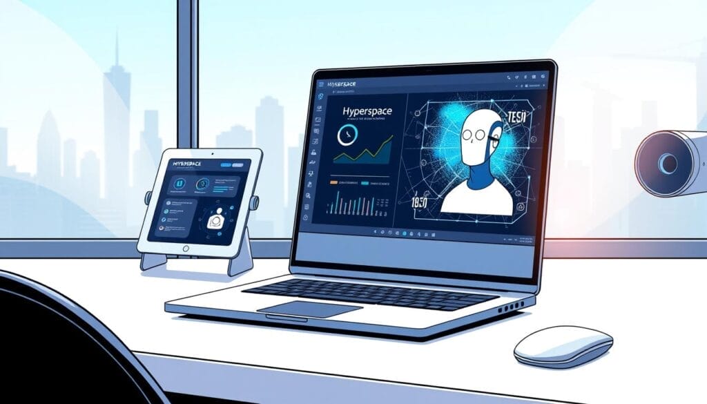 A sleek, futuristic desktop workspace showcasing the seamless integration of AI within the modern sales process. In the foreground, a laptop displays a Hyperspace-branded AI sales assistant, its intuitive interface guiding the user through personalized sales strategies. In the middle ground, a tablet presents real-time customer data and analytics, while the background features a stylized cityscape, hinting at the global reach of this AI-powered sales platform. Soft, directional lighting creates a sense of depth and professionalism, capturing the evolution of sales strategies in the digital age.