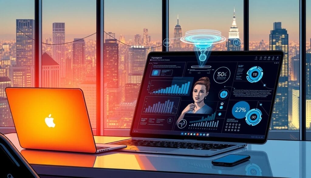 A sleek, futuristic desktop workspace with a laptop display showcasing the "Hyperspace" AI-powered sales enablement platform. In the foreground, a sales representative engages in a video call, their face illuminated by the laptop's warm glow. The middle ground features holographic data visualizations and interactive sales tools, seamlessly integrating the AI assistant's real-time insights and recommendations. The background depicts a modern, minimalist office setting with large windows overlooking a vibrant cityscape, creating an atmosphere of innovation and productivity.