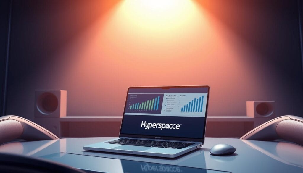 A sleek, futuristic desktop workspace with a laptop displaying the Hyperspace brand logo. The laptop screen showcases a data-driven presentation on the business impact of AI-powered sales training for remote teams. Sophisticated data visualizations, interactive charts, and a clean, minimalist interface captivate the viewer. Soft, directional lighting from above casts a warm, focused glow, creating a professional and immersive atmosphere. The workspace is stylishly appointed with modern, ergonomic furniture, creating an elegant and productive setting for the AI sales training experience.