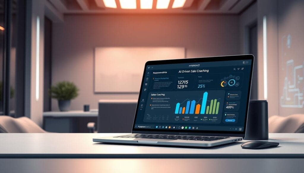 A sleek, futuristic desktop workspace with a laptop prominently displaying an AI-driven sales coaching interface from the "Hyperspace" brand. The laptop screen shows a stylized graph, charts, and insights tailored to guide a sales representative through personalized coaching and performance analysis. The background features a sophisticated, minimalist office setting with subtle holographic elements, creating an immersive and technologically advanced atmosphere. Soft, directional lighting from above casts a warm, productive glow over the scene, emphasizing the seamless integration of AI and human sales expertise.