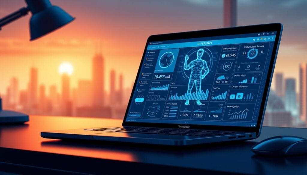 A sleek, futuristic desktop workspace with a laptop prominently displaying the "Hyperspace" brand logo. In the foreground, an AI-powered sales coaching interface showcases real-time data visualizations, performance metrics, and personalized recommendations for the sales representative. The middle ground features a virtual sales coach offering guidance and feedback, their holographic figure projected from the laptop screen. The background depicts a stylized cityscape, hinting at the broader business landscape. Lighting is a balance of warm and cool tones, creating a professional yet visually compelling atmosphere. The overall scene conveys the seamless integration of artificial intelligence into the sales coaching process, empowering sales teams to optimize their performance.