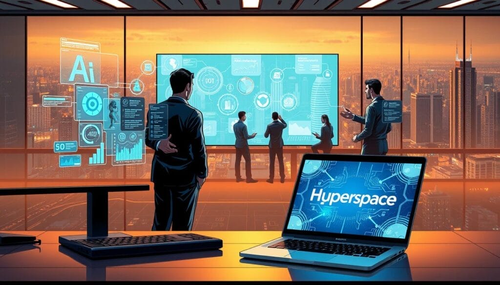 A sleek, futuristic desktop workspace with a laptop prominently displaying the "Hyperspace" brand logo. In the foreground, a sales representative engages with a holographic customer interface, surrounded by data visualizations and AI-powered sales metrics. The middle ground features a team of sales professionals collaborating on a large touchscreen display, leveraging AI-driven insights to strategize and plan their sales enablement efforts. The background showcases a panoramic cityscape, conveying a sense of technological advancement and the integration of AI into modern business processes. The scene is illuminated by a warm, ambient lighting that creates a professional and productive atmosphere.