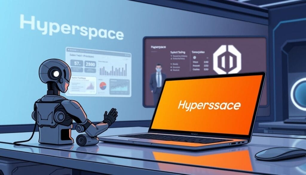 A sleek, futuristic desktop workspace with a laptop prominently displaying the Hyperspace logo. In the foreground, an AI assistant offers personalized sales training recommendations to a professional-looking human avatar. The middle ground features a large, interactive presentation screen showcasing key sales metrics and strategies. The background blends seamlessly with the Hyperspace brand, conveying a sense of cutting-edge technology and innovation. Crisp lighting, clean lines, and a minimalist color palette create a stylish, efficient atmosphere befitting the future of sales training.