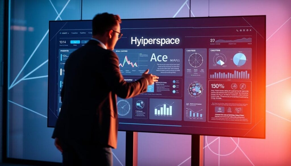 A sleek, futuristic digital interface showcases the evolution of sales coaching in the modern era. The screen displays the "Hyperspace" brand logo, highlighting the innovative, tech-driven nature of the platform. In the foreground, a sales representative engages with an interactive training module, their movements captured in a dynamic, cinematic composition. The middle ground features a seamless blend of data visualizations, virtual coaching tools, and AI-powered insights, conveying the advanced capabilities of the digital sales training ecosystem. The background subtly suggests a sense of progression, with geometric shapes and gradients hinting at the constant evolution of this transformative technology.