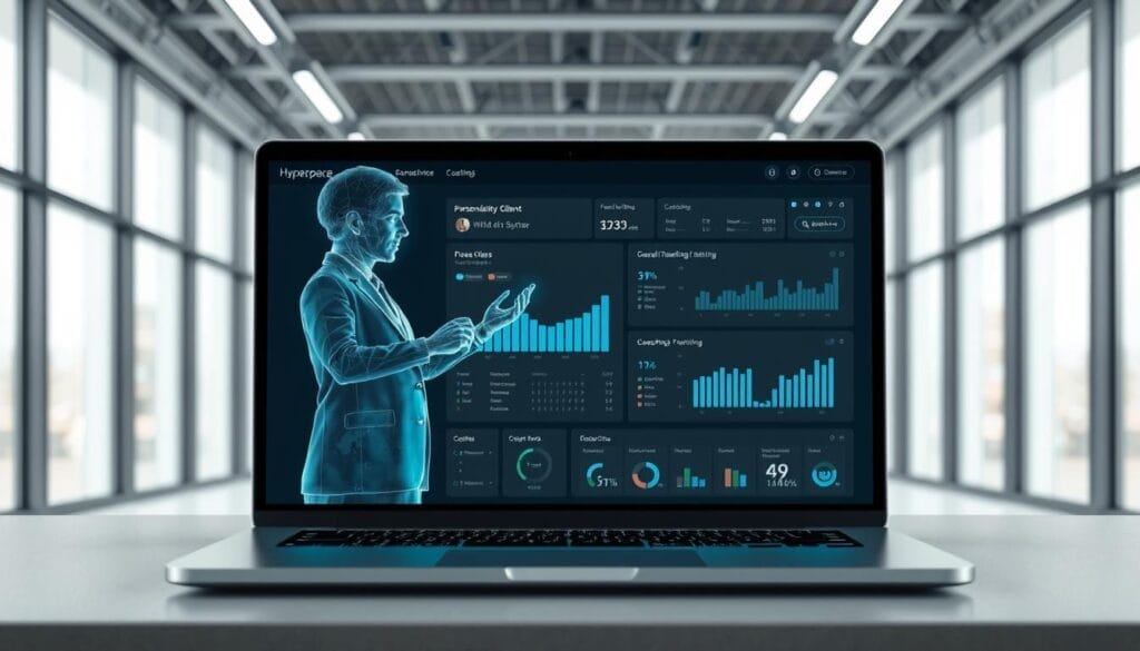 A sleek, futuristic digital interface showcasing a state-of-the-art "Hyperspace" AI coaching platform. In the foreground, a holographic coach guides a client through personalized goal-setting and progress tracking, their images seamlessly blended into the virtual environment. The middle ground features a laptop or mobile device displaying the Hyperspace platform's clean, intuitive dashboard, with data visualizations and coaching tools. In the background, a minimalist office setting with floor-to-ceiling windows, creating a sense of modern, technology-driven productivity. Lighting is soft and diffused, with a muted color palette of grays, blues, and whites, conveying a sleek, professional atmosphere.