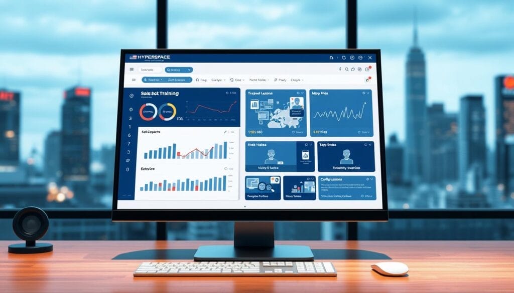 A sleek, futuristic digital sales training platform by Hyperspace, showcasing a seamless user interface on a modern desktop setup. In the foreground, a stylized sales dashboard with interactive charts and graphs, displaying key performance metrics. In the middle ground, a series of tutorial videos and interactive lessons, with a clean, minimalist design. In the background, a backdrop of blurred city skyline, hinting at the global reach and scalability of the digital training program. The scene is bathed in a cool, sophisticated color palette, evoking a sense of professionalism and technological prowess.