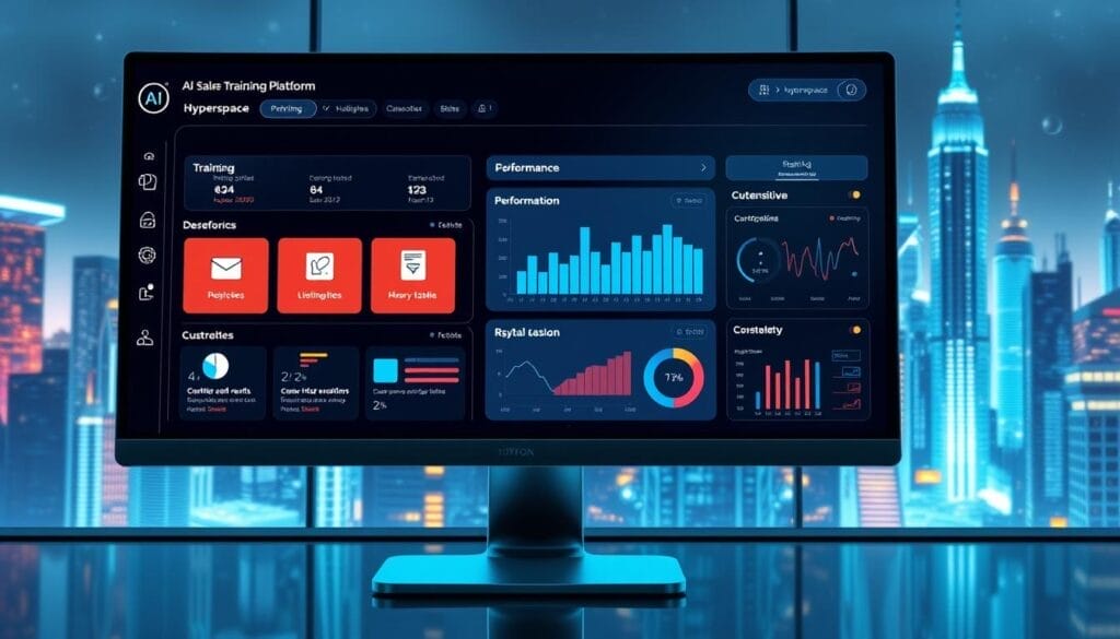 A sleek, futuristic interface for the Hyperspace AI Sales Training Platform, displayed on a high-resolution desktop monitor. The platform features a clean, minimalist design with intuitive controls and data visualizations. In the foreground, a series of training modules and interactive lessons are showcased, highlighted by warm, directional lighting. The middle ground showcases performance analytics and customizable dashboards, while the background depicts a stylized, holographic cityscape, conveying a sense of technological innovation and progress. The overall mood is one of sophisticated professionalism and cutting-edge capability, reflecting the platform's ability to elevate sales team performance and results.