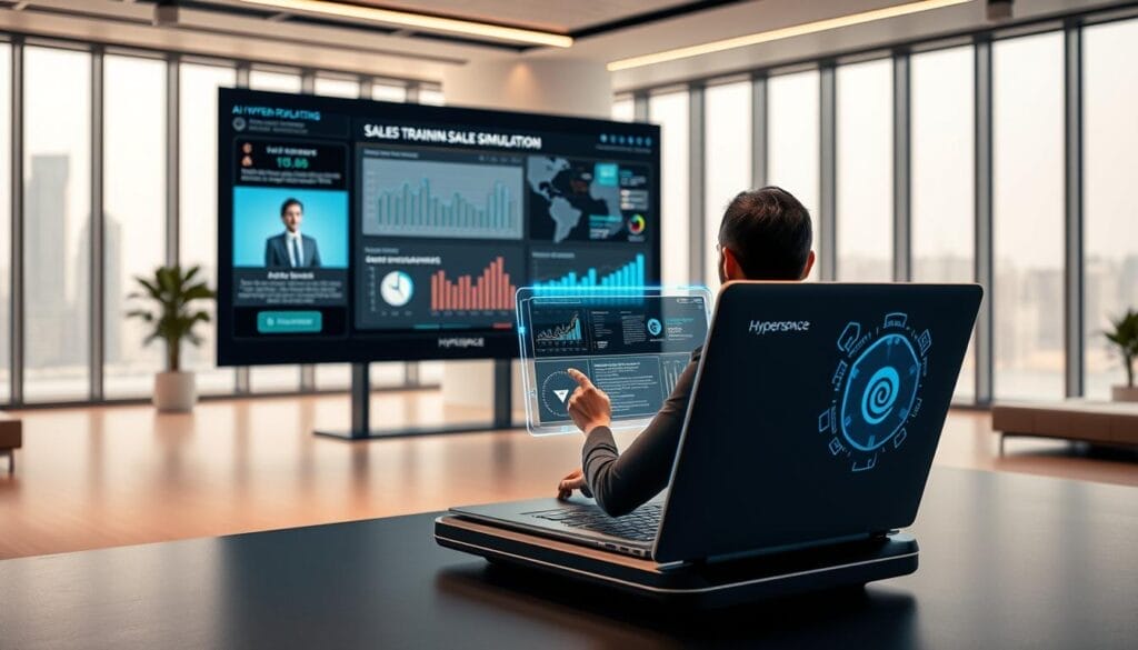 A sleek, futuristic interface showcases AI-powered sales training simulations. In the foreground, a lifelike virtual sales agent guides a human representative through interactive role-playing scenarios on a Hyperspace-branded laptop. The middle ground features a large, holographic display demonstrating sales analytics and performance metrics. The background depicts a stylized, minimalist office setting with floor-to-ceiling windows, conveying a sense of innovation and technological prowess. The scene is bathed in a warm, subdued lighting that creates a professional, immersive atmosphere, drawing the viewer into the world of AI-enhanced sales coaching.