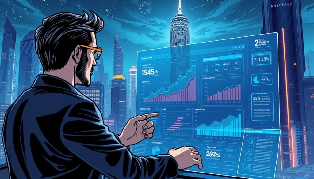 A sleek, futuristic interface showcases the "Hyperspace" AI-powered sales training platform. In the foreground, a salesperson interacts with an intuitive dashboard, accessing real-time insights and personalized coaching. The middle ground features a large, high-resolution display demonstrating predictive analytics and sales forecasting capabilities. In the background, a cityscape of towering skyscrapers and glowing, neon-tinged architecture sets the scene, conveying the cutting-edge, metropolitan atmosphere of this innovative sales training solution. Subtle, holographic elements and a cool, cyberpunk-inspired color palette enhance the sense of advanced, future-facing technology.