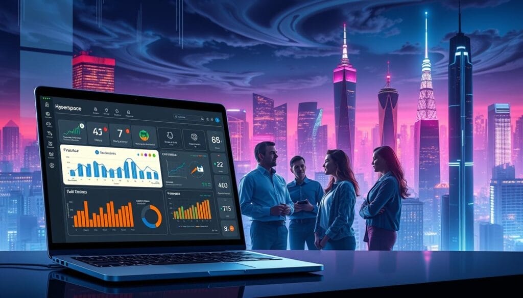 A sleek, futuristic interface showcasing the Hyperspace AI-powered sales training software. In the foreground, a desktop or laptop displays a dashboard with interactive graphs, customizable metrics, and intuitive controls. The middle ground features a team of sales representatives engaged in role-playing exercises, their faces illuminated by the soft glow of the screen. In the background, a cityscape of towering skyscrapers and a vibrant, neon-lit skyline creates an immersive, high-tech atmosphere. The scene conveys a sense of innovation, productivity, and the power of AI-driven sales training to elevate your team's performance.