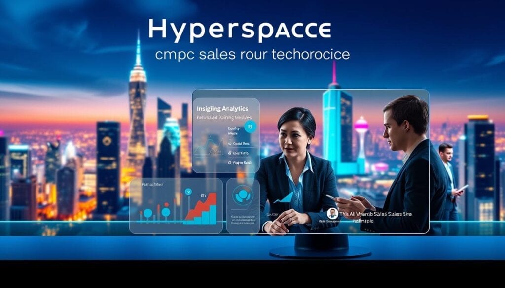 A sleek, futuristic interface showcasing the Hyperspace AI sales coaching technology. In the foreground, a stylized desktop or mobile device displays insightful analytics, personalized training modules, and real-time feedback loops. The middle ground features a trio of sales professionals engaged in a collaborative session, their expressions attentive as they navigate the intuitive platform. In the background, a vibrant cityscape with towering skyscrapers and a vibrant, neon-tinged skyline sets the scene, conveying the cutting-edge, high-tech nature of this revolutionary sales coaching solution.