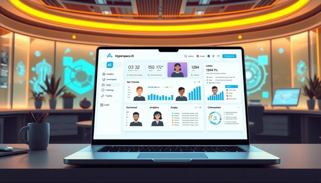 A sleek, futuristic interface showcasing the Hyperspace AI sales training platform. In the foreground, a stylized laptop or desktop screen displays an interactive dashboard with intuitive controls, analytics, and lifelike avatars of trainees. The middle ground features a modern, minimalist workspace with tactile materials and clean lines. The background evokes a high-tech environment, with subtle holographic displays, ambient lighting, and a sense of technological advancement. The overall mood is one of innovation, efficiency, and a seamless integration of human and artificial intelligence in the sales training process.