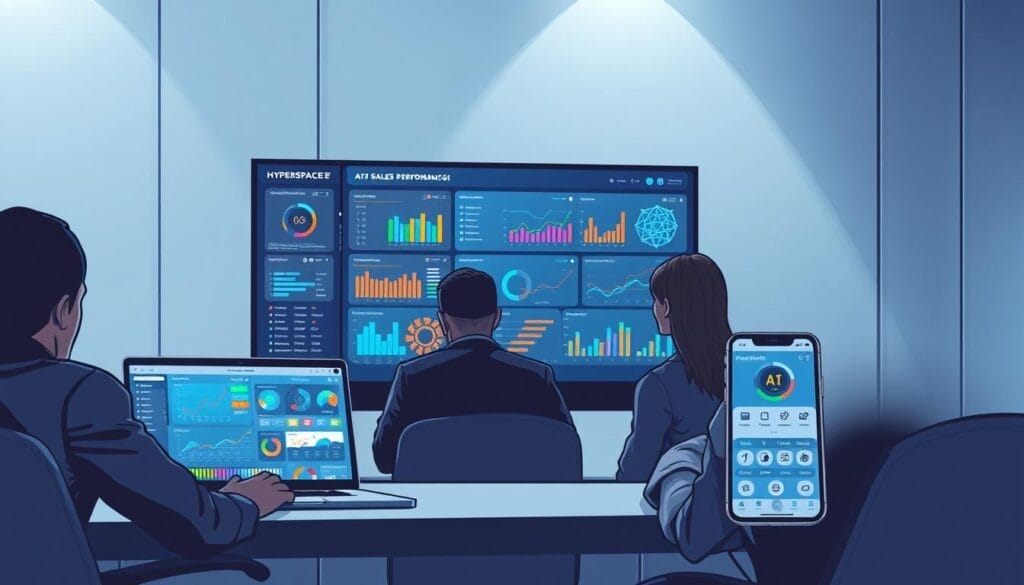 A sleek, futuristic interface showcasing the Hyperspace sales performance AI tools, displayed on a high-resolution desktop monitor. In the foreground, a team of sales professionals reviews colorful data visualizations and interactive dashboards, tracking key metrics and insights. The middle ground features a laptop displaying a mobile app version of the Hyperspace platform, with intuitive controls and seamless collaboration features. In the background, a minimalist office setting with clean lines and subtle lighting creates a professional, technology-driven atmosphere. The overall tone conveys efficiency, productivity, and the power of AI-driven sales optimization.
