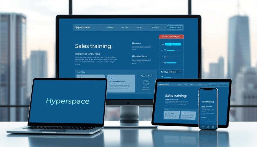 A sleek, futuristic interface showcasing the Hyperspace sales training platform, displayed on a high-resolution desktop monitor. Crisp, minimalist design elements in shades of blue and gray, with clean typography and intuitive controls. In the foreground, a laptop and mobile device showcasing the Hyperspace branding and responsive design. The background features a blurred city skyline, conveying a sense of urban professionalism and technology-driven innovation. Soft, directional lighting illuminates the scene, creating a sense of depth and emphasizing the streamlined, state-of-the-art aesthetics of the sales training software.
