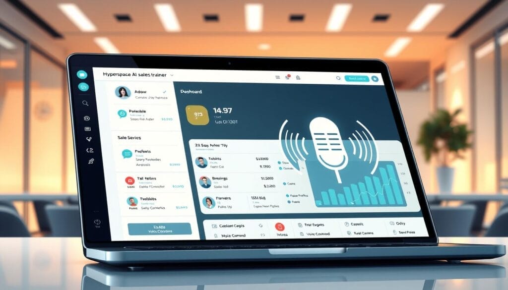 A sleek, futuristic interface showcasing the "Hyperspace" voice-activated AI sales trainer. In the foreground, a laptop or mobile device displays a dynamic dashboard with customizable sales metrics, task lists, and customer profiles. The middle ground features a sophisticated voice command system, with a stylized microphone icon and glowing voice waves. The background evokes a modern, minimalist office setting, with clean lines, subtle lighting, and a sense of technological advancement. The overall mood is one of efficiency, productivity, and the seamless integration of AI-powered tools into the sales workflow.