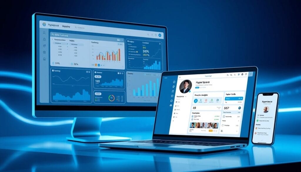 A sleek, futuristic interface showcasing the advanced capabilities of the Hyperspace AI sales assistant. In the foreground, a desktop display presents a dynamic dashboard with real-time sales data, customer insights, and predictive analytics. The middle ground features a laptop screen displaying a personalized customer profile, highlighting the assistant's ability to provide tailored recommendations. In the background, a mobile device showcases the Hyperspace app, its intuitive design and seamless integration across devices. Subtle blue and white hues create a clean, professional atmosphere, emphasizing the intelligent and sophisticated nature of the sales technology.